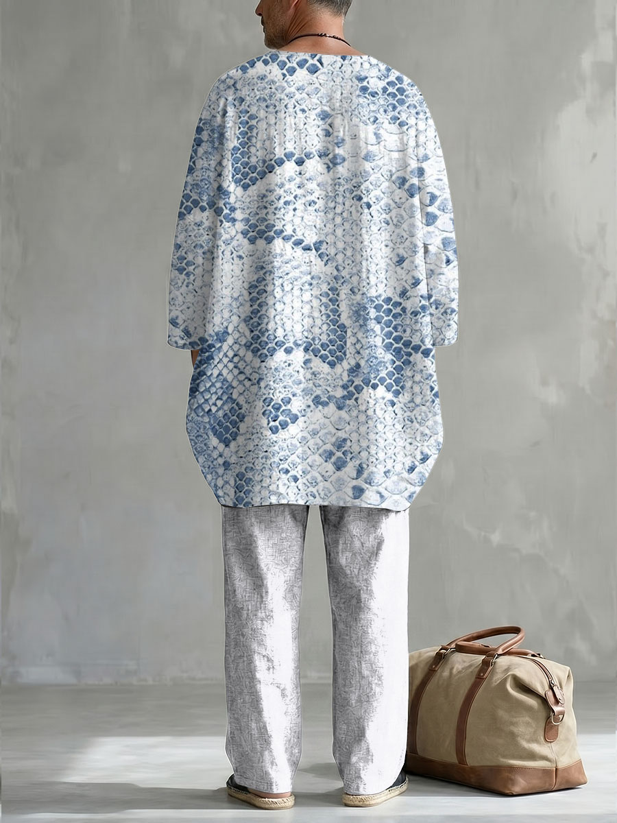 Serpentine Decorative Pattern de manga larga de algodón de lino Top And pantalón conjunto de dos piezas