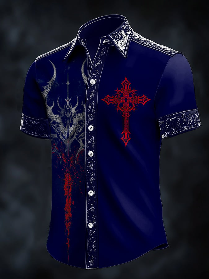Camisa casual de moda Dark diseño Cross Crow Contrast satén para hombre