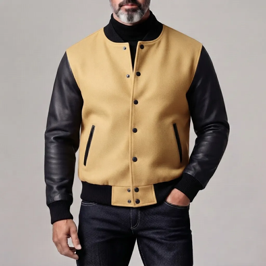 para hombre vintage Woolen Contrast Spliced PU Leather de manga larga Button Up Bomber chaqueta
