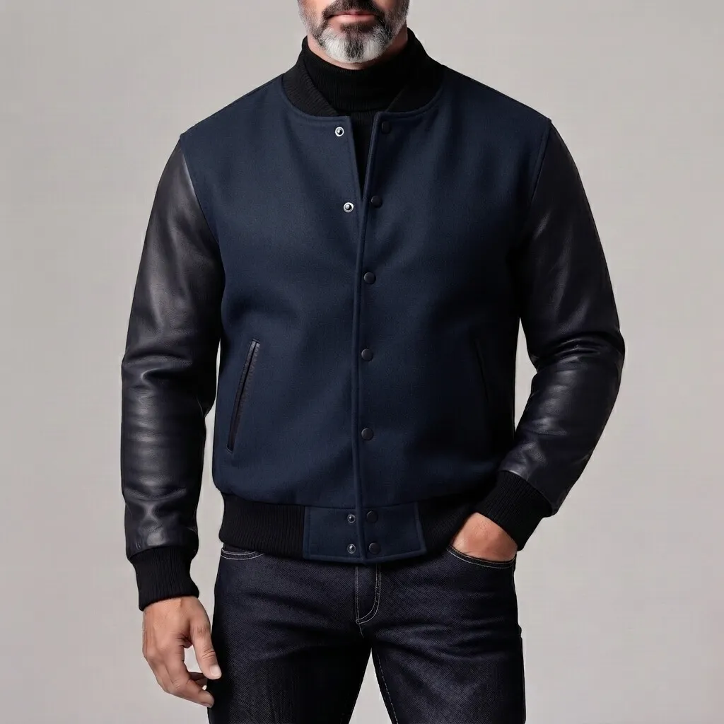 para hombre vintage Woolen Contrast Spliced PU Leather de manga larga Button Up Bomber chaqueta