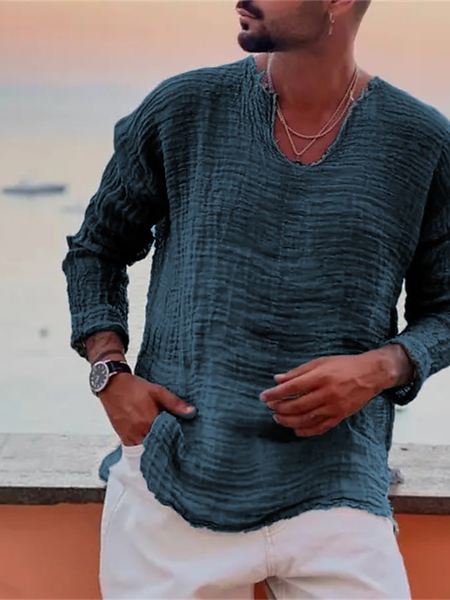 Camisa de lino Summer camisa Beach Wear casual camisa Plain Vacation Curise White Blue Brown Khaki de manga larga V Neck Spring & Summer Clothing Apparel para hombre