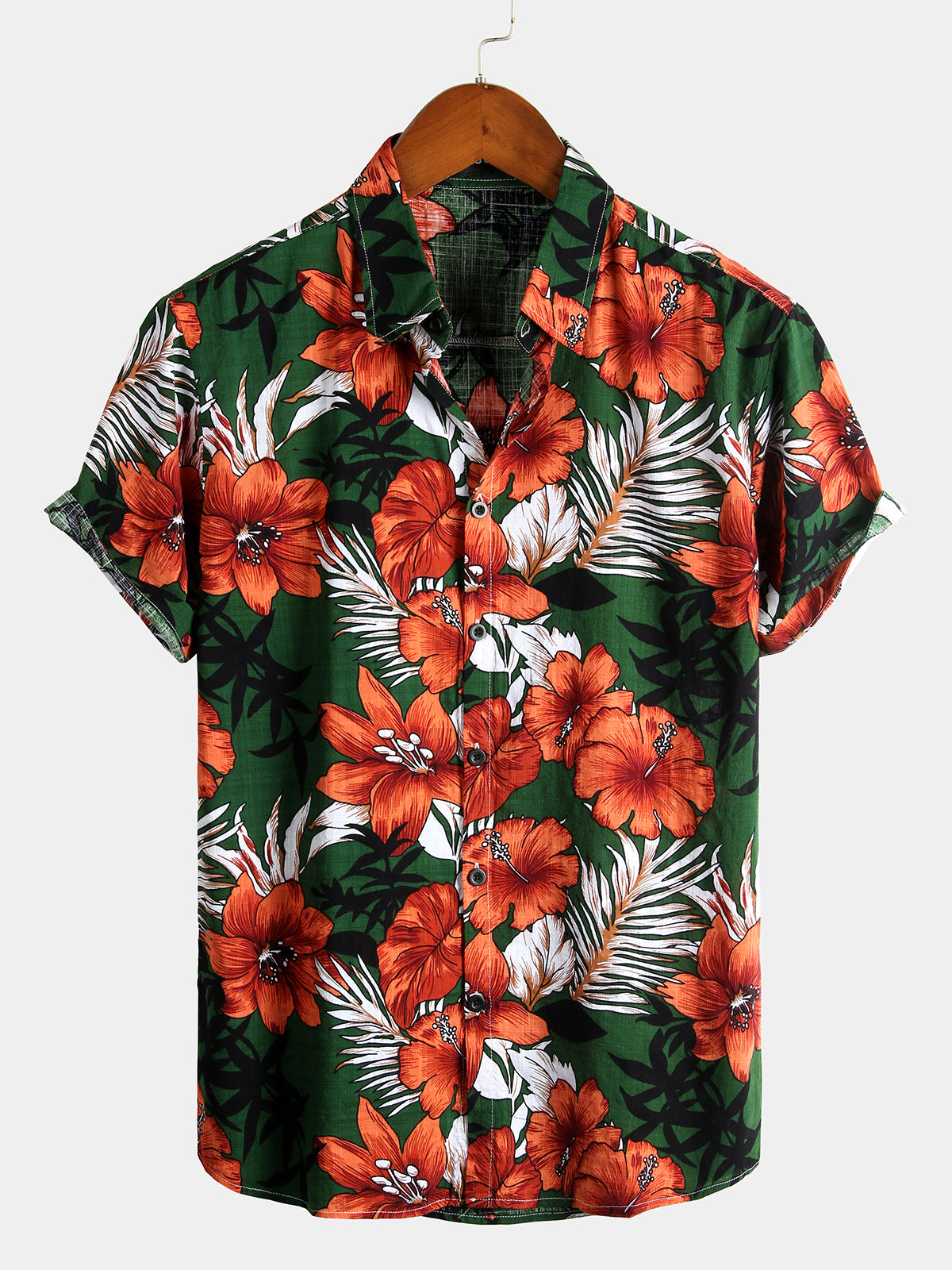 Camisa Green Flower Tropical Hawaii de algodón de manga corta para hombre