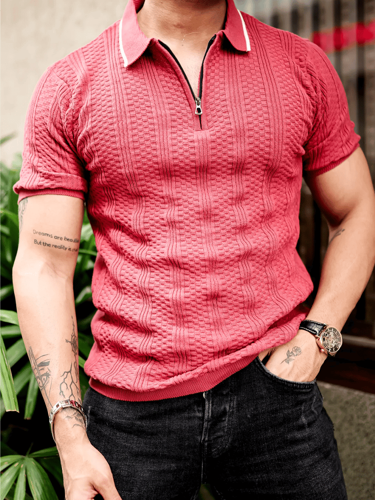 Camisa polo ejecutivo rayas con cierre de manga corta para hombre