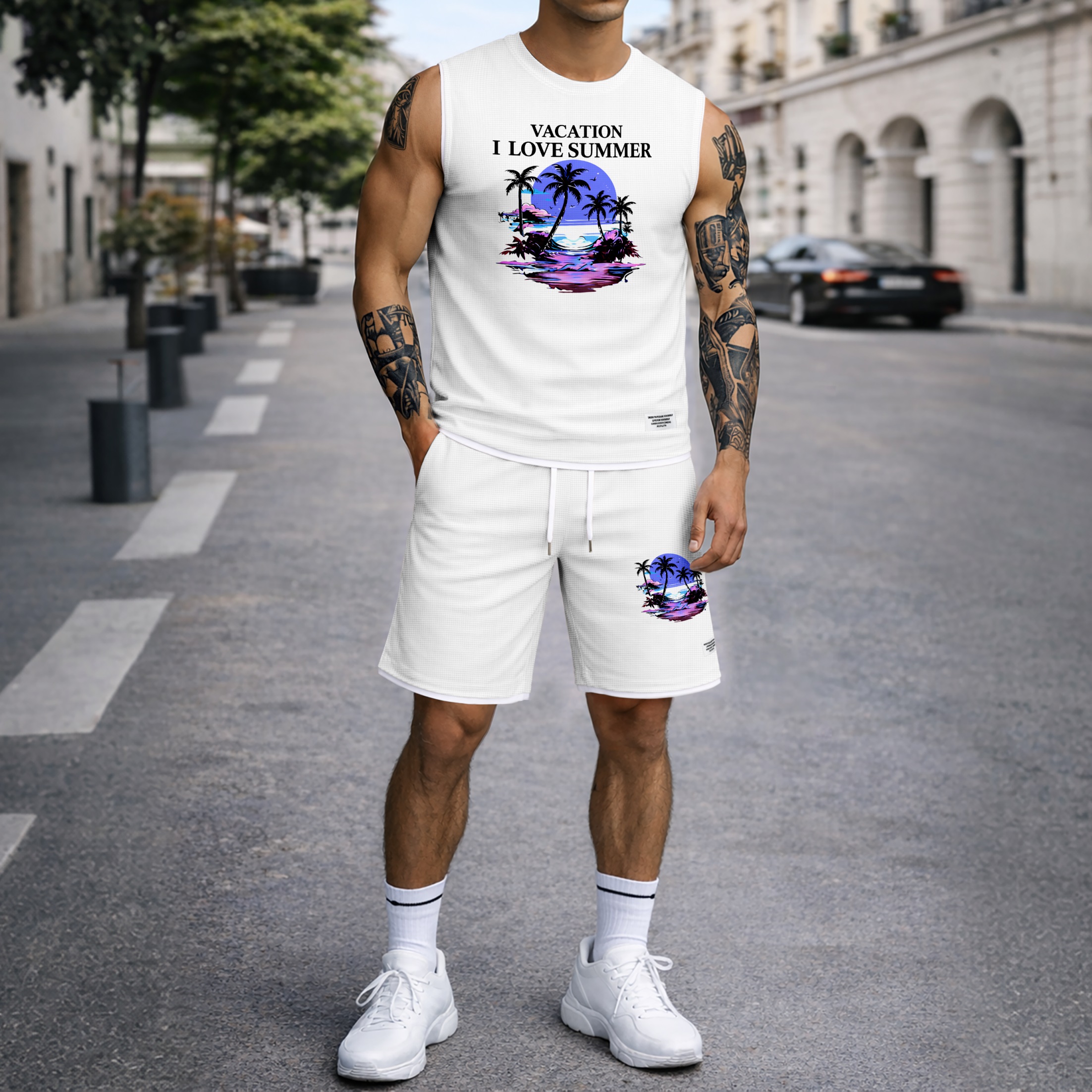 Shorts Tropical Beach Graphic estampado Summer Set Sleeveless Tank Top & Matching Outfit, Vacation Island estampado Lightweight casual Streetwear Set for Everyday & Holiday para hombre