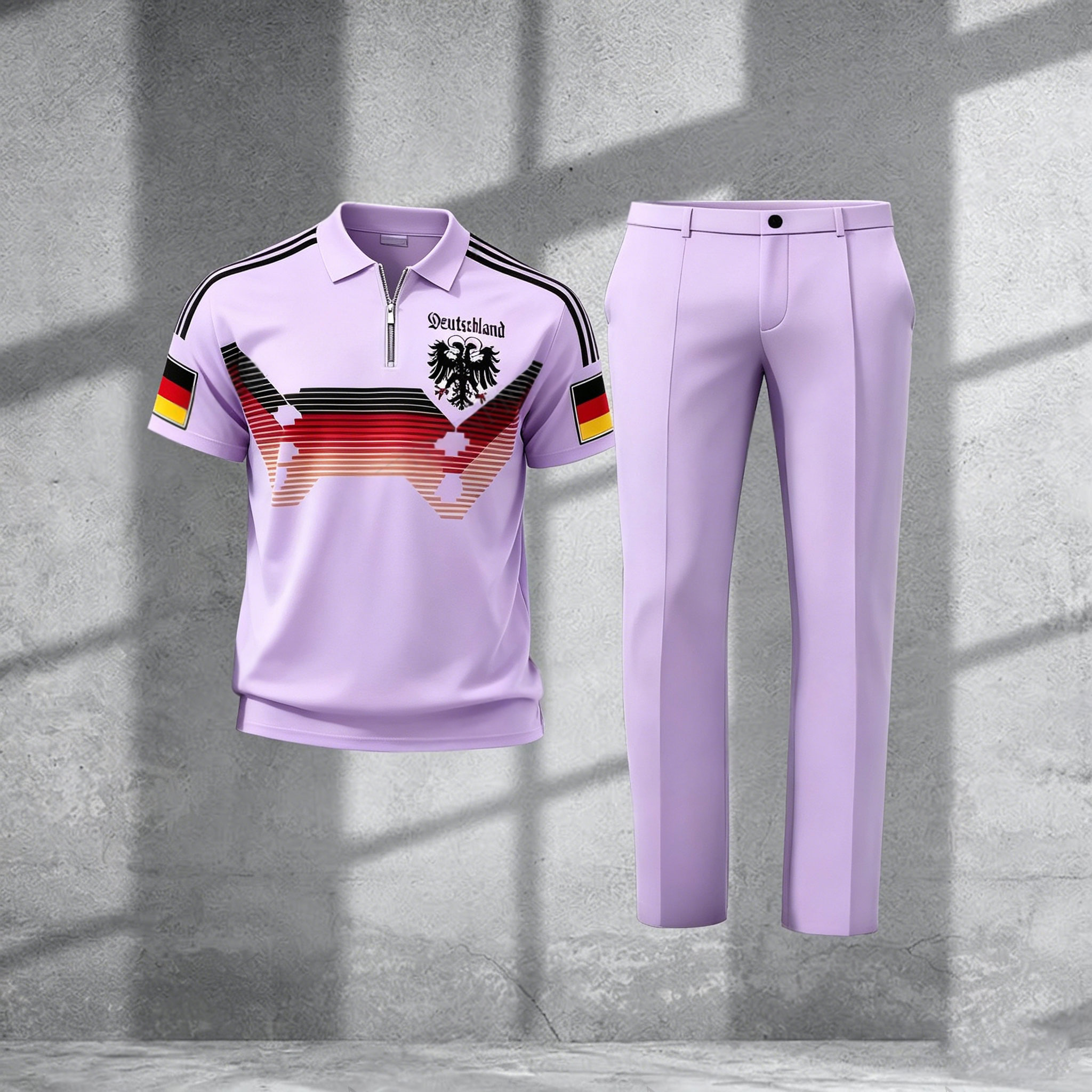 Conjunto de dos piezas casual Light Purple estampado Polo de manga corta camiseta And pantalón para hombre