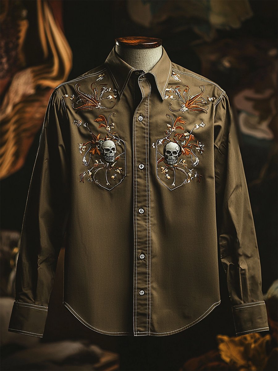 Camisa retro casual Skull estampado de manga larga para hombre