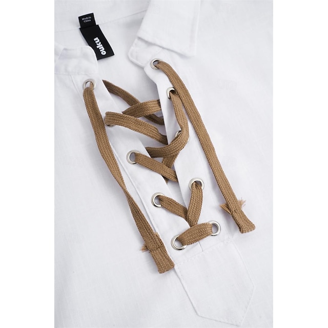 Camisa de lino camisa Viking Style Pirate camisa Summer camisa Beach Wear White Orange Green Light Blue de manga larga de color sólido Collarless Street para uso diario Clothing Apparel para hombre