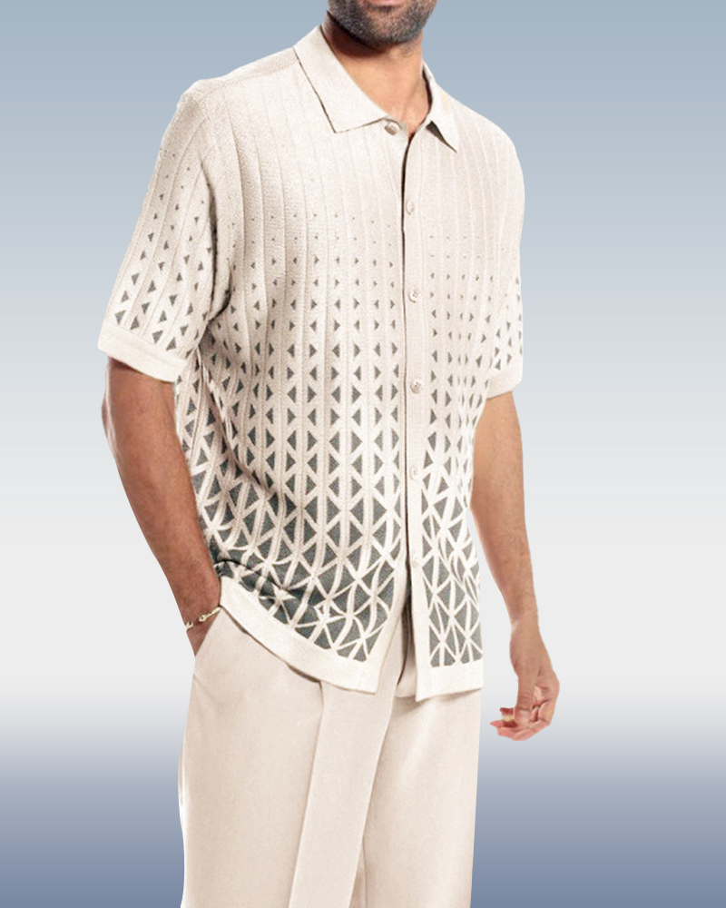 White Criss-Cross Pattern Walking Suit de manga corta Set