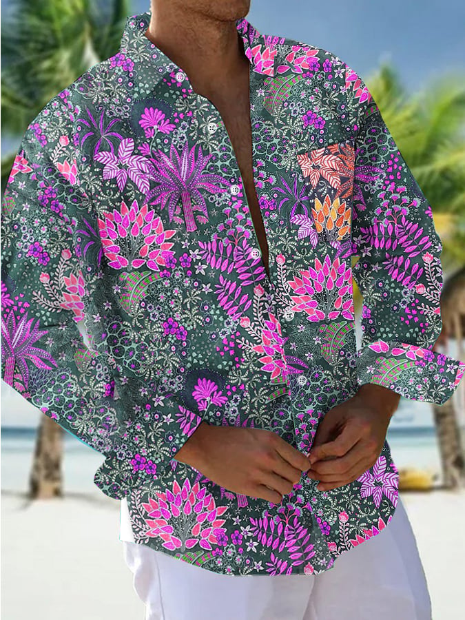 Camisa vintage floral Pocket de manga larga para hombre