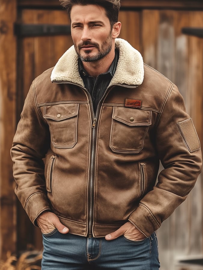 Chaqueta retro clásico desgastado casual Fur cuello bolsillo para hombre