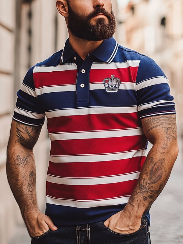 Camisa polo ejecutivo rayas Logo con botones de manga corta para hombre