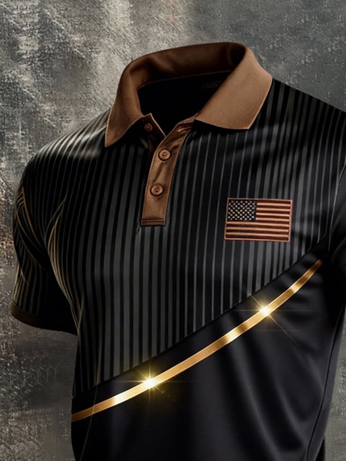 Retro Patriot en bloques de color Polo Collar de manga corta para hombre