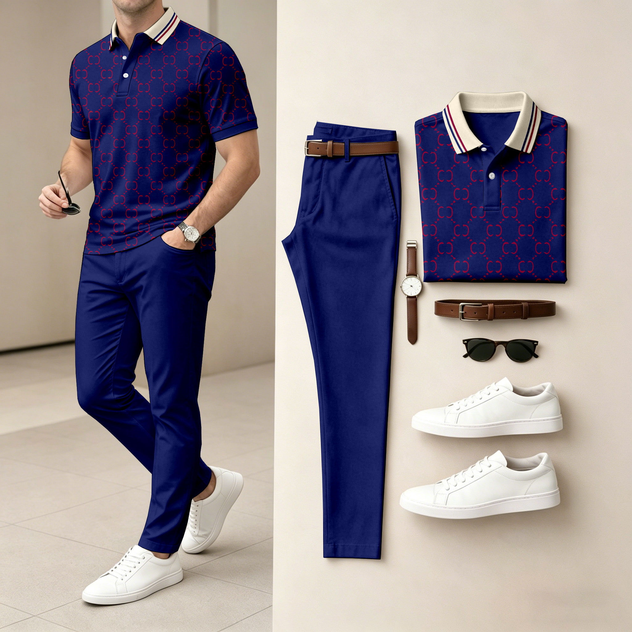 para hombre Red de manga corta camisa polo with Subtle Pattern and pantalón conjunto de dos piezas