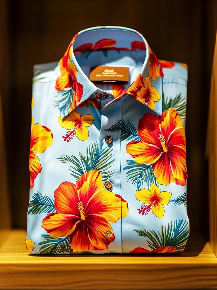 Camisa satén Luxe hawaiano estampado de manga corta Button para hombre