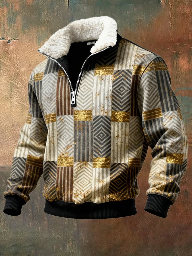 Sudadera retro en bloques de color estampado casual Fur cuello para hombre