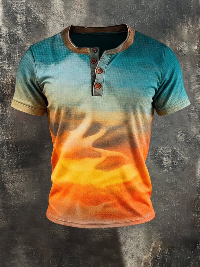Camiseta vintage-Style Color-Block de manga corta With Henley cuello para hombre