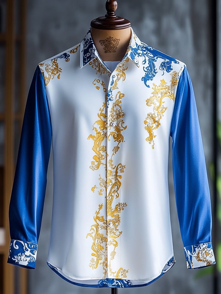 Camisa ejecutivo de lujo Blue and White floral de manga larga para hombre