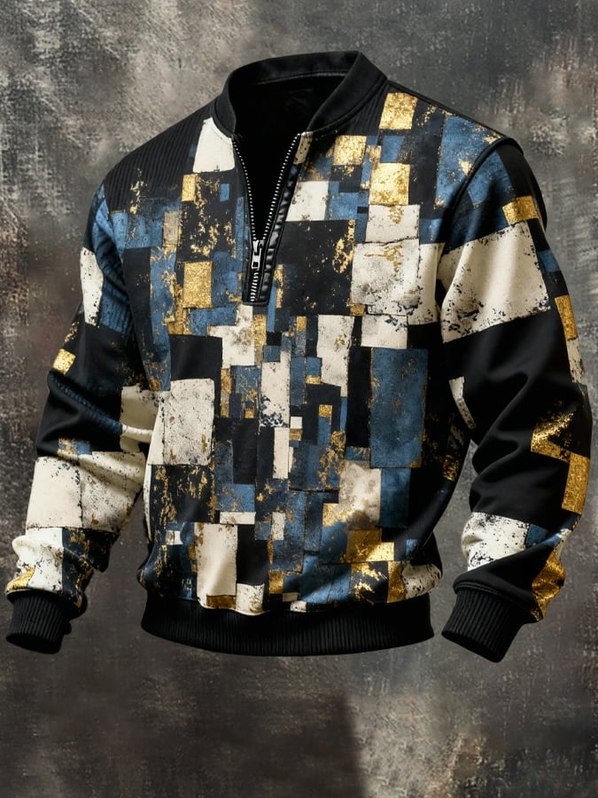 Sudadera vintage Color-Block estampado con cierre con gorrasucha para hombre