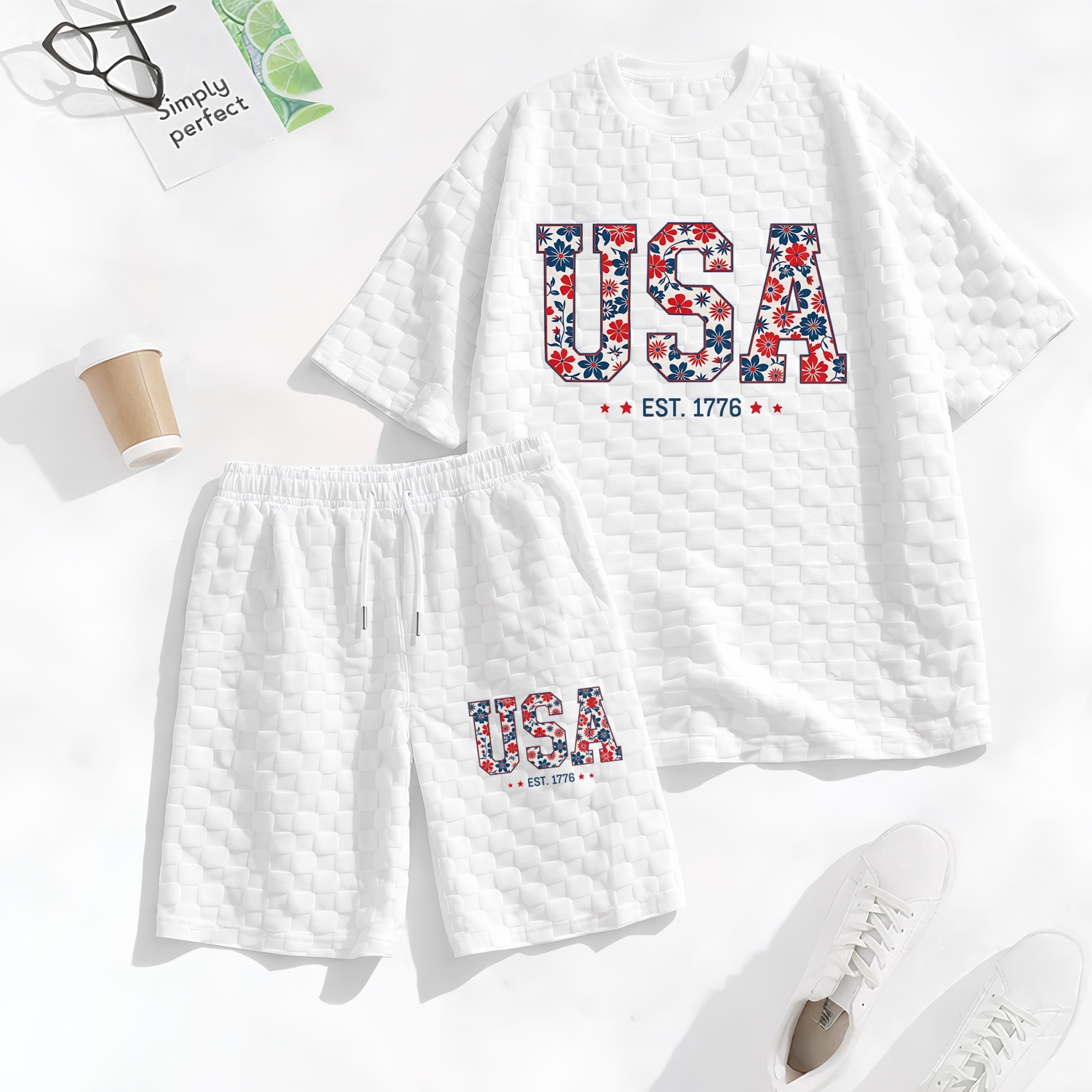 Camisa Spring/Summer USA-estampado a cuadros Drawstring shorts Set—A casual summer outfit featuring a de manga corta and shorts, ideal for both everyday wear and athletic activities para hombre