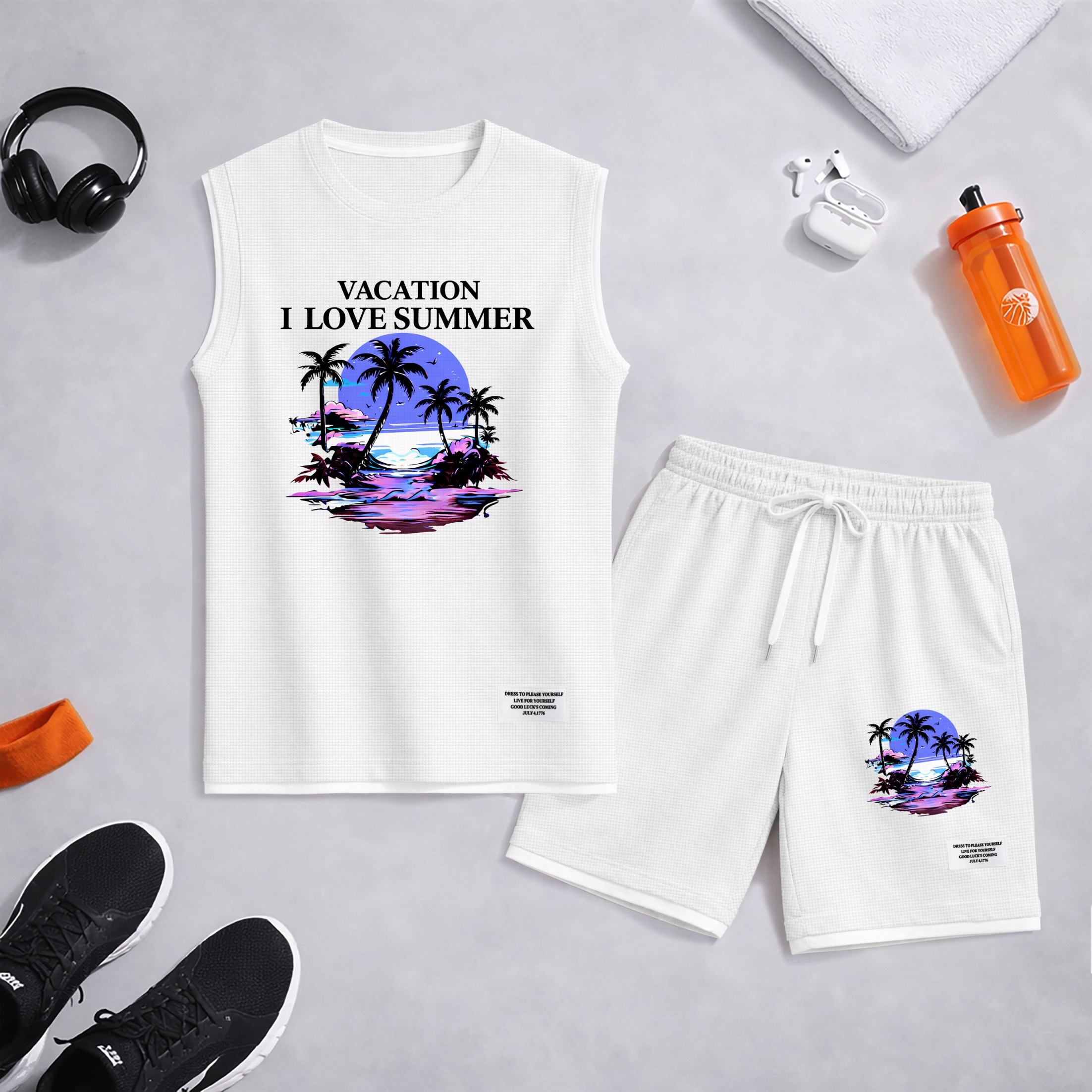 Shorts Tropical Beach Graphic estampado Summer Set Sleeveless Tank Top & Matching Outfit, Vacation Island estampado Lightweight casual Streetwear Set for Everyday & Holiday para hombre