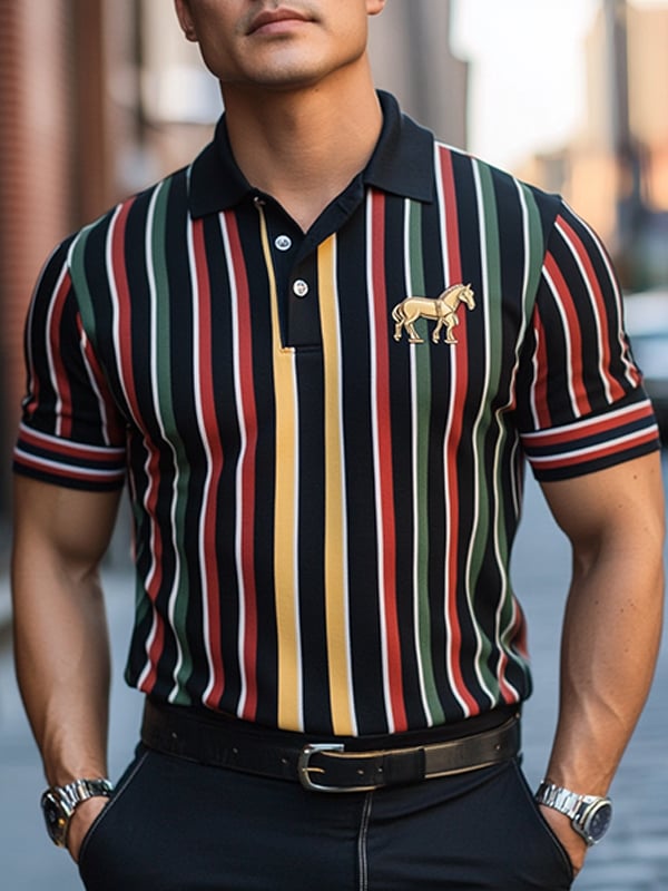 Camisa polo ejecutivo rayas Logo con botones de manga corta para hombre