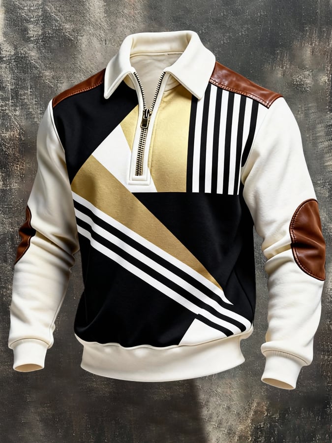 Sudadera retro en bloques de color estampado Color-Blocked con cierre para hombre
