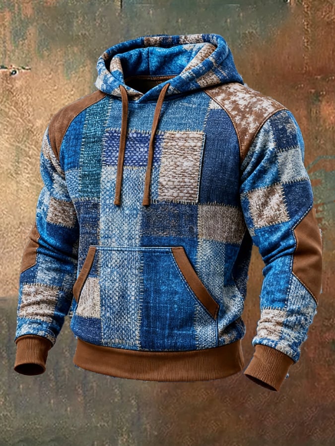 Sudadera retro desgastado en bloques de color estampado casual de manga larga para hombre