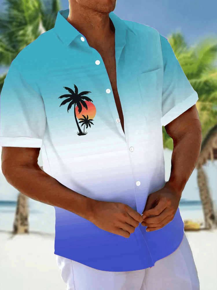 Camisa Hawaiian Coconut Tree Gradient 3D estampado Button Pocket de manga corta para hombre