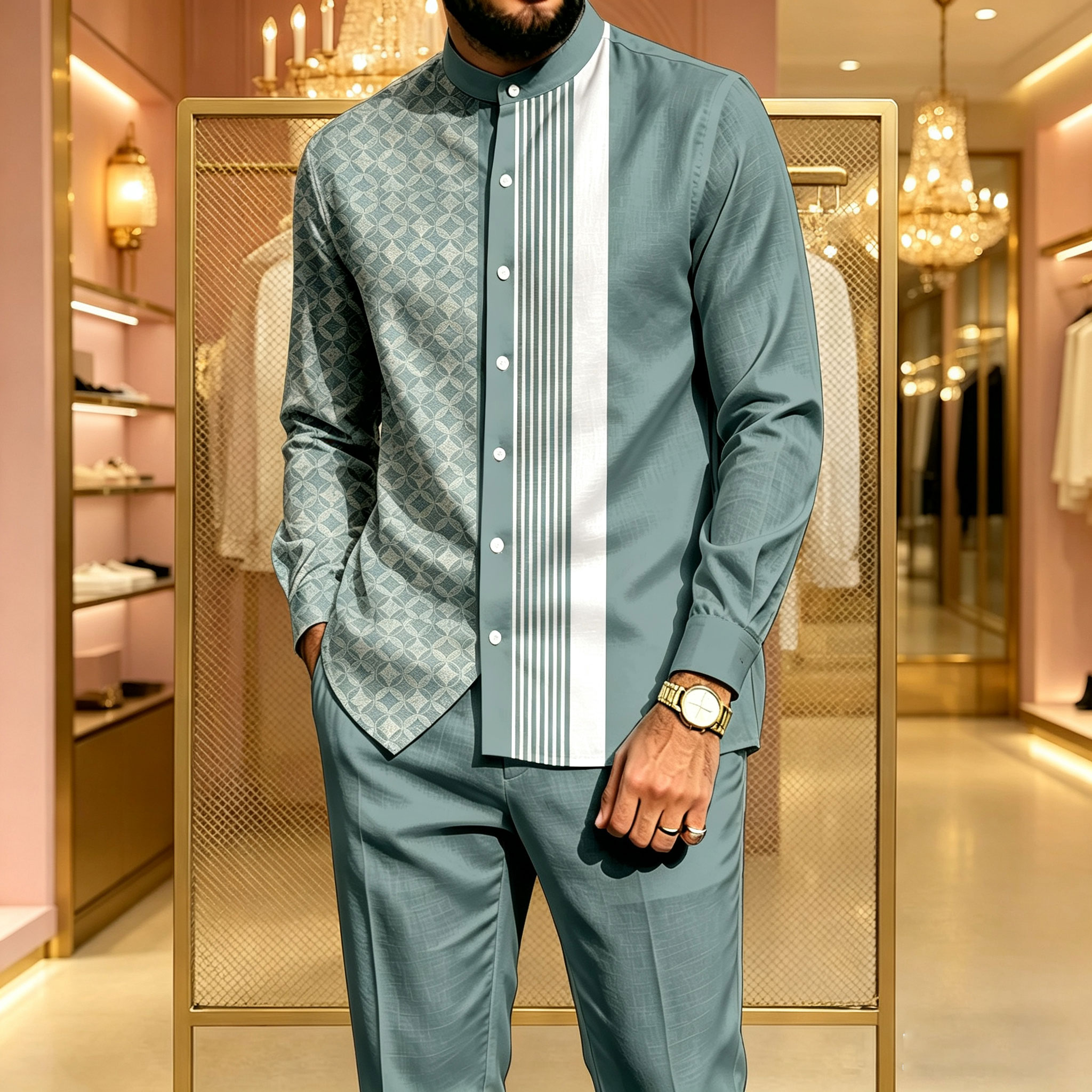 para hombre casual Asymmetrical-Cut estampado Stand-Collar de manga larga camisa and pantalón conjunto de dos piezas