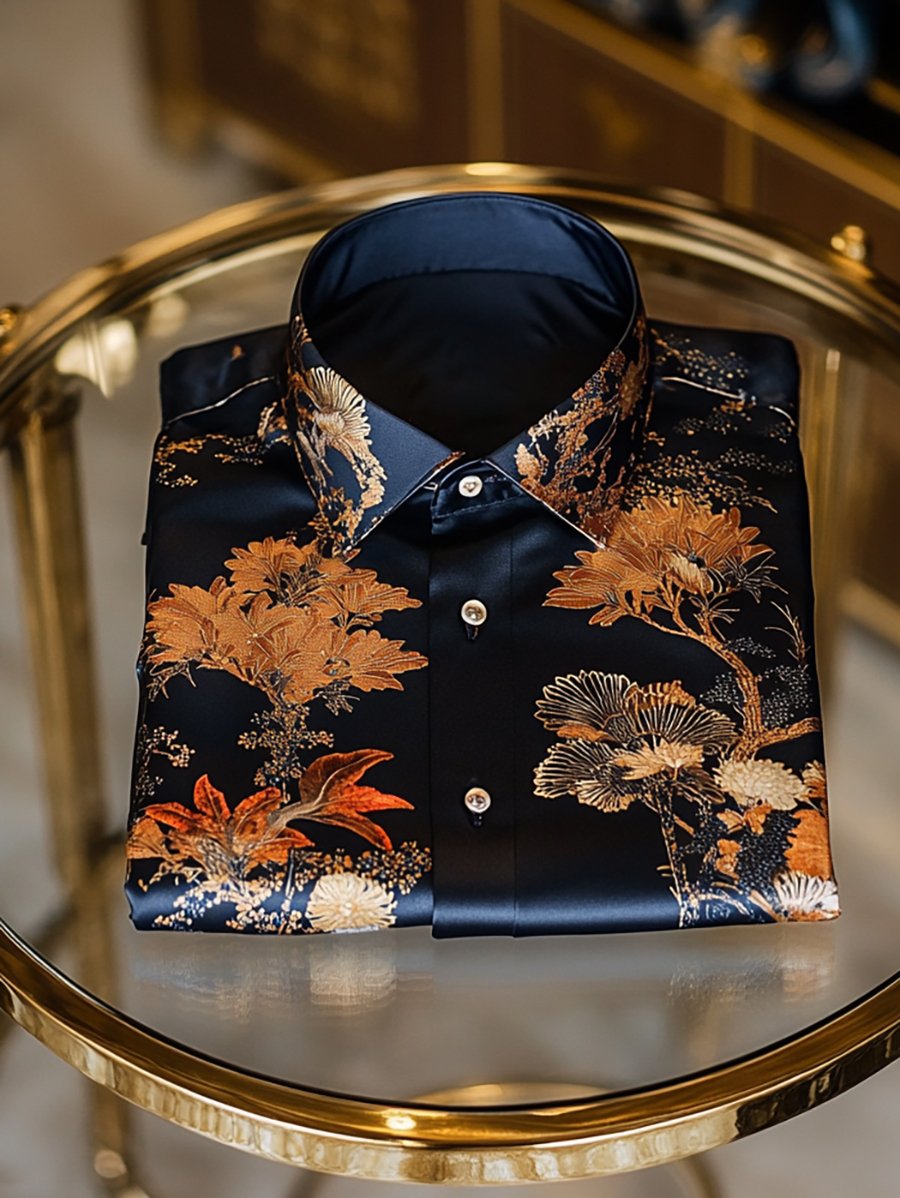 Camisa satén de lujo ejecutivo Ukiyo-E de manga larga para hombre