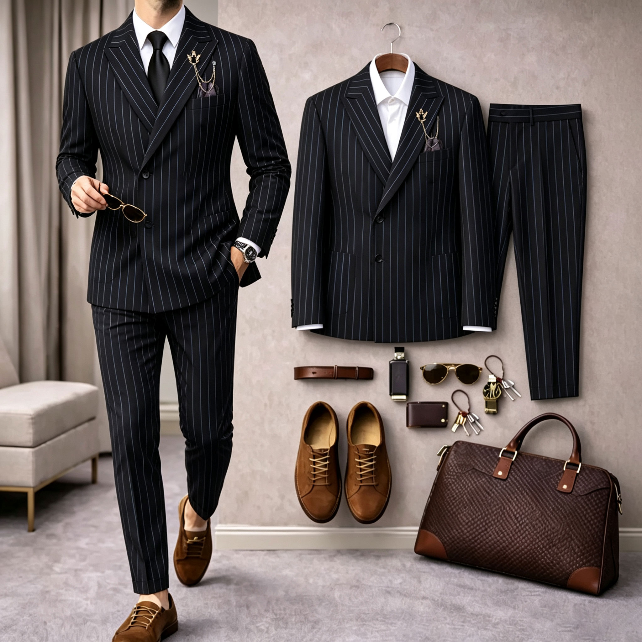 para hombre ejecutivo a rayas de manga larga camisa and Long pantalón Two-Piece Suit