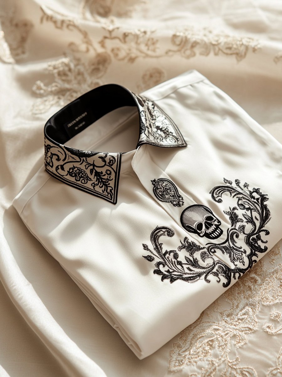 Camisa ejecutivo casual floral Skull solapa de manga corta para hombre