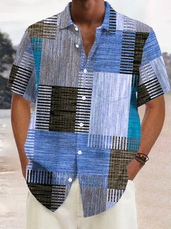 Camisa vintage Geometric 3D estampado Button Pocket de manga corta para hombre