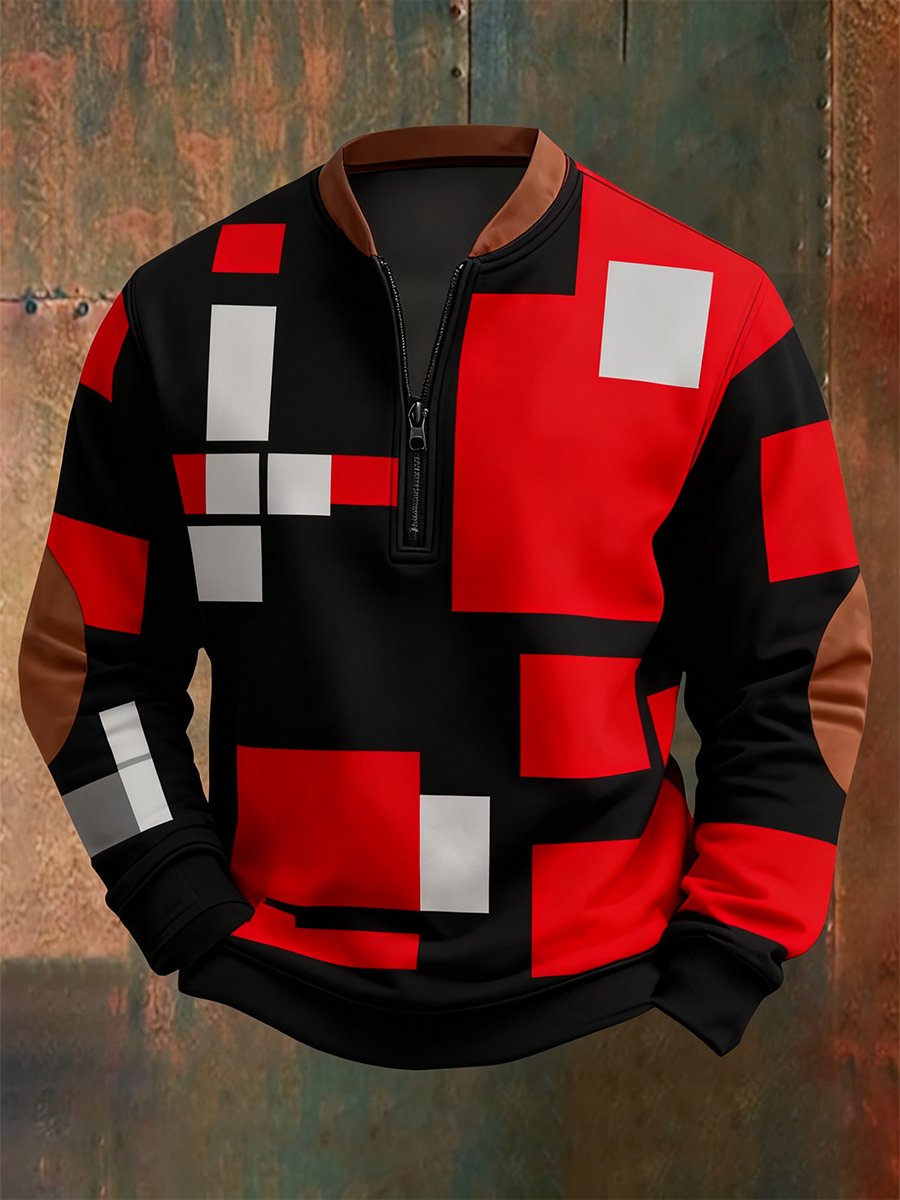 Sudadera retro Bauhaus geométrico Style estampado Quarter Zip para hombre
