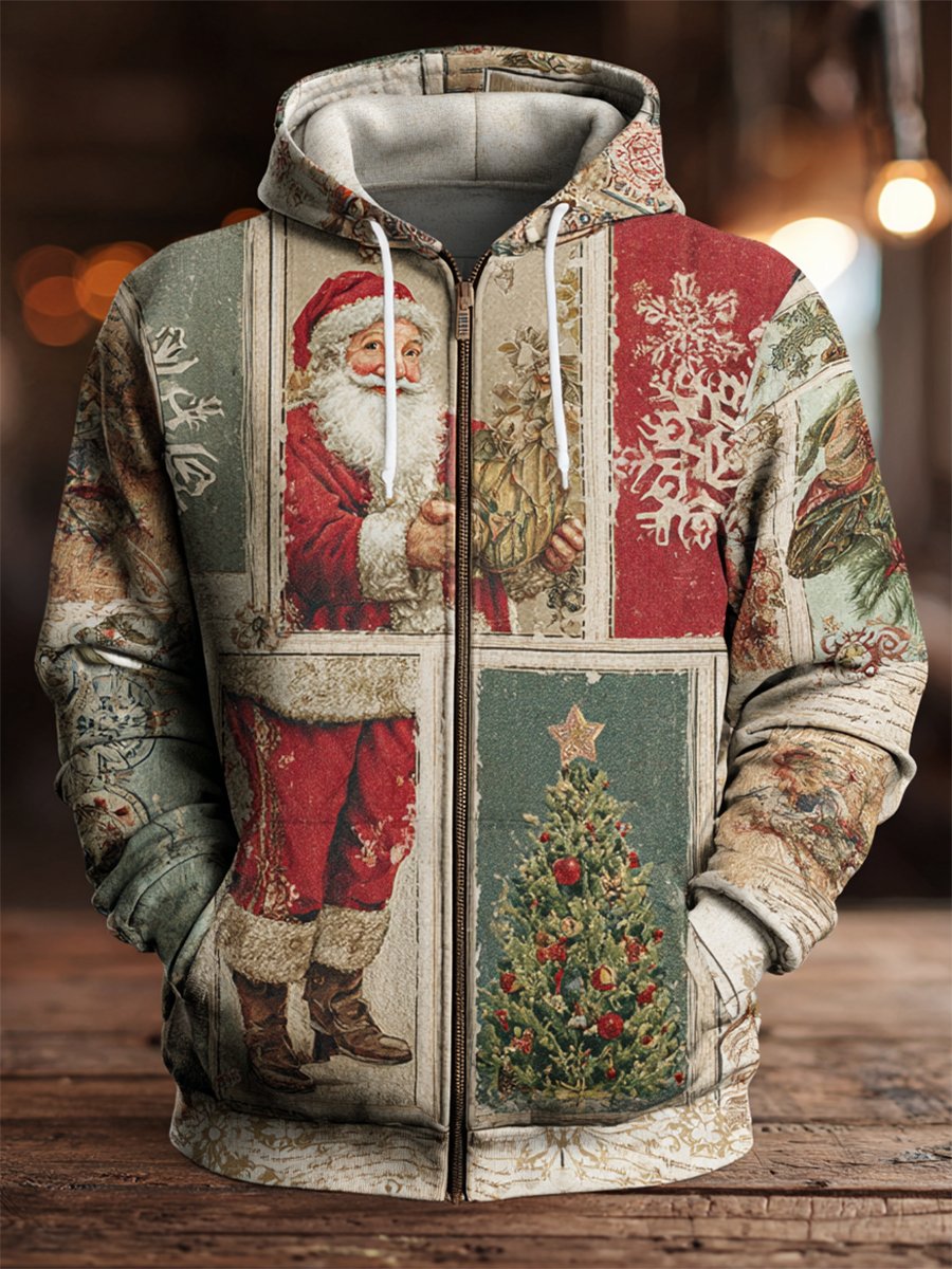 Sudadera vintage Christmas Full Zip con gorrasucha para hombre