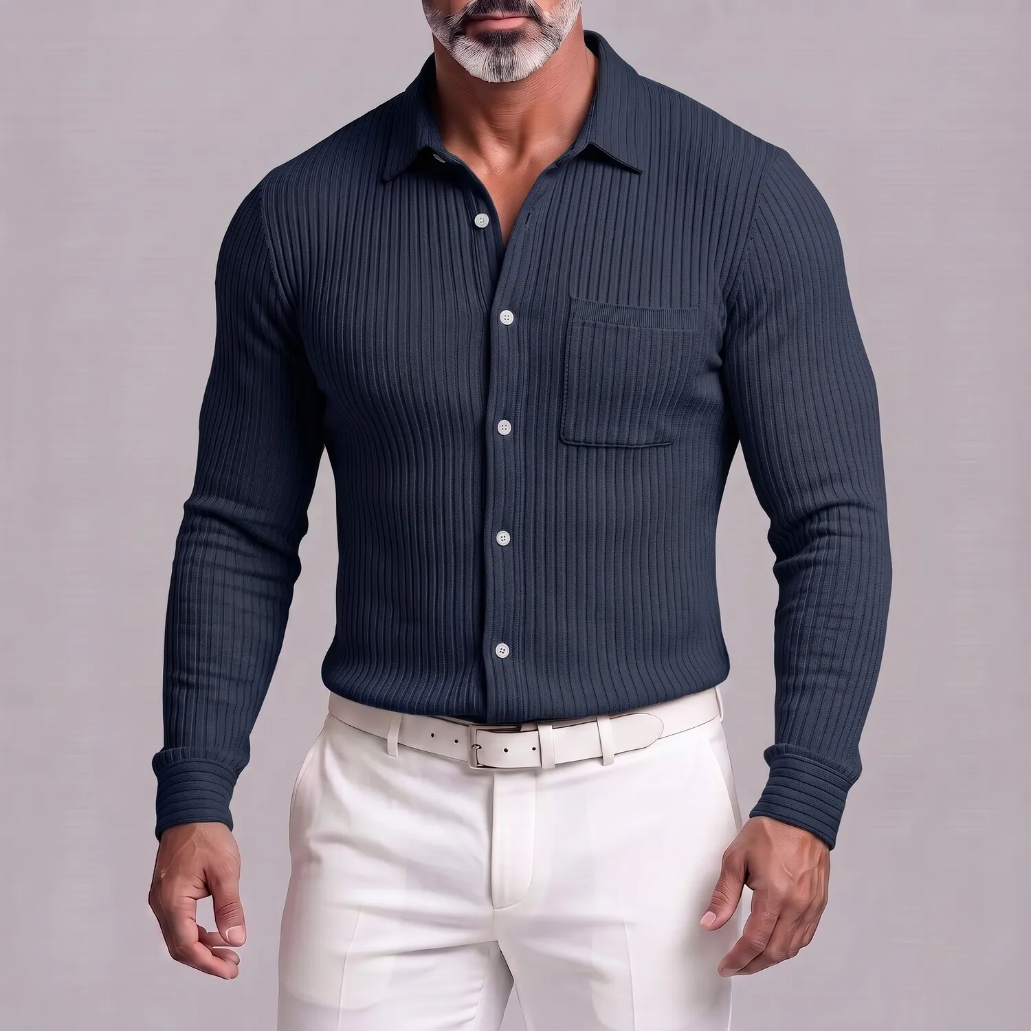 para hombre casual Ribbed tejido Single Breasted Chest Pocket de corte entallado de manga larga camisa