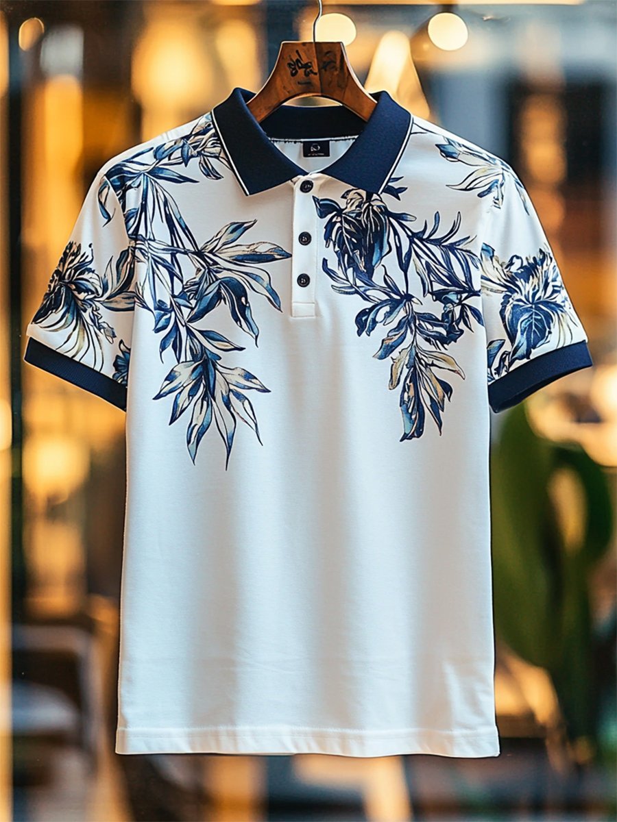 Camisa polo casual Festive floral estampado Button de manga corta para hombre