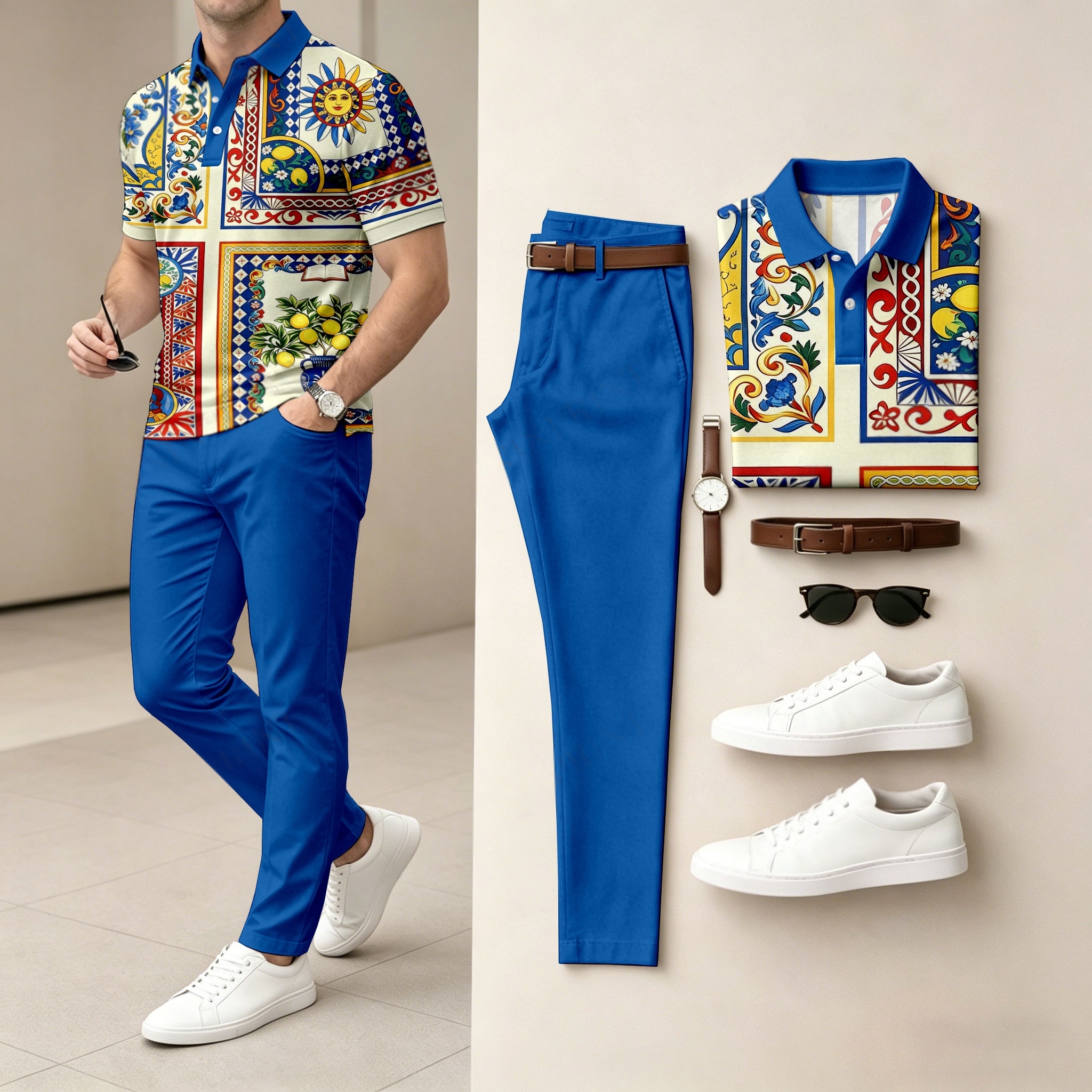 Camisa polo casual estampado de manga corta And pantalón Set (Excluding Accessories Such As Watches And Belts) para hombre