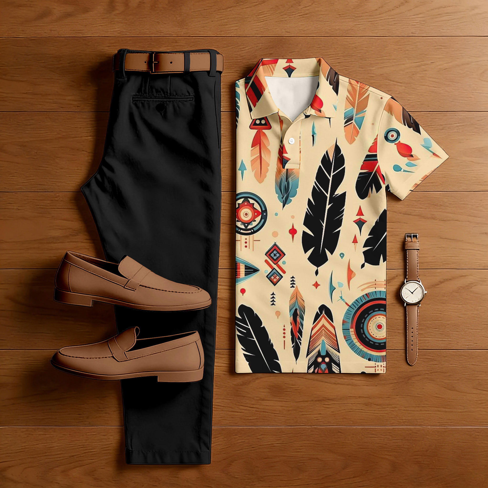 Conjunto de dos piezas casual Apricot & Black Color Matching Ethic Style estampado de manga corta camisa polo & Trousers para hombre