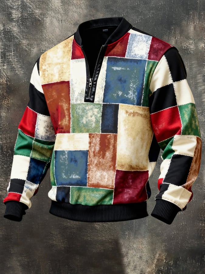 Sudadera vintage Color-Block estampado con cierre con gorrasucha para hombre