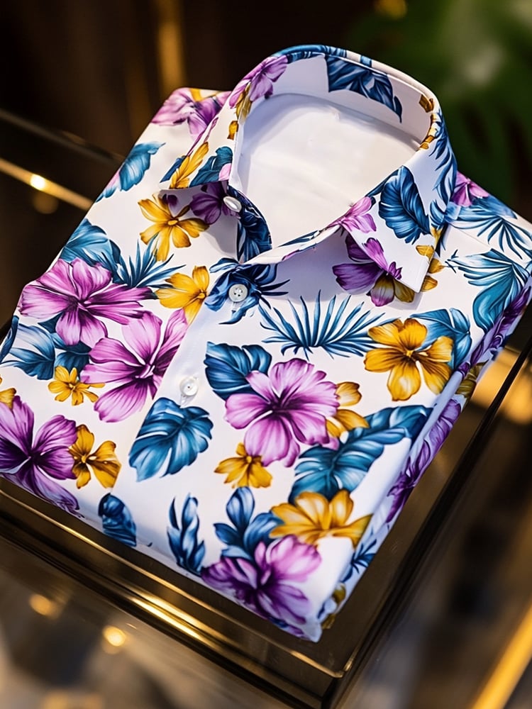 Camisa satén Luxe hawaiano Purple Flower estampado de manga corta Button para hombre