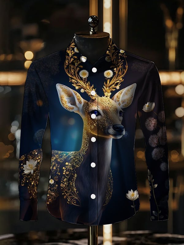 Camisa Christmas Elk Light de lujo solapa de manga larga para hombre