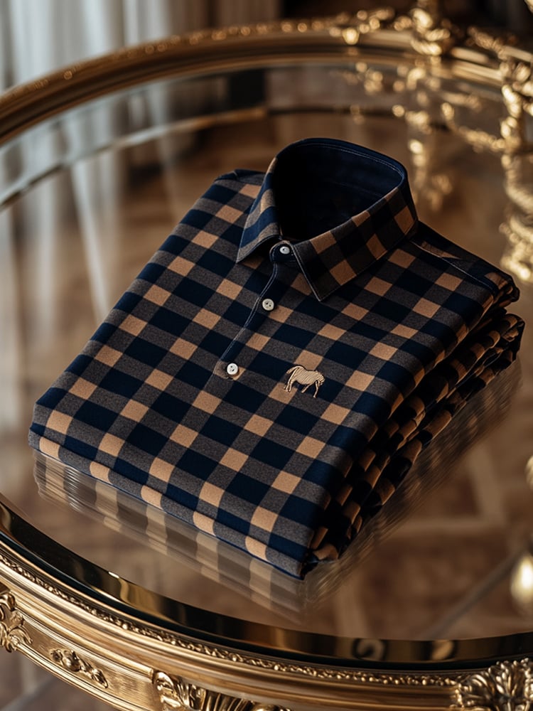 Camisa polo ejecutivo casual a cuadros Horse Button de manga corta para hombre