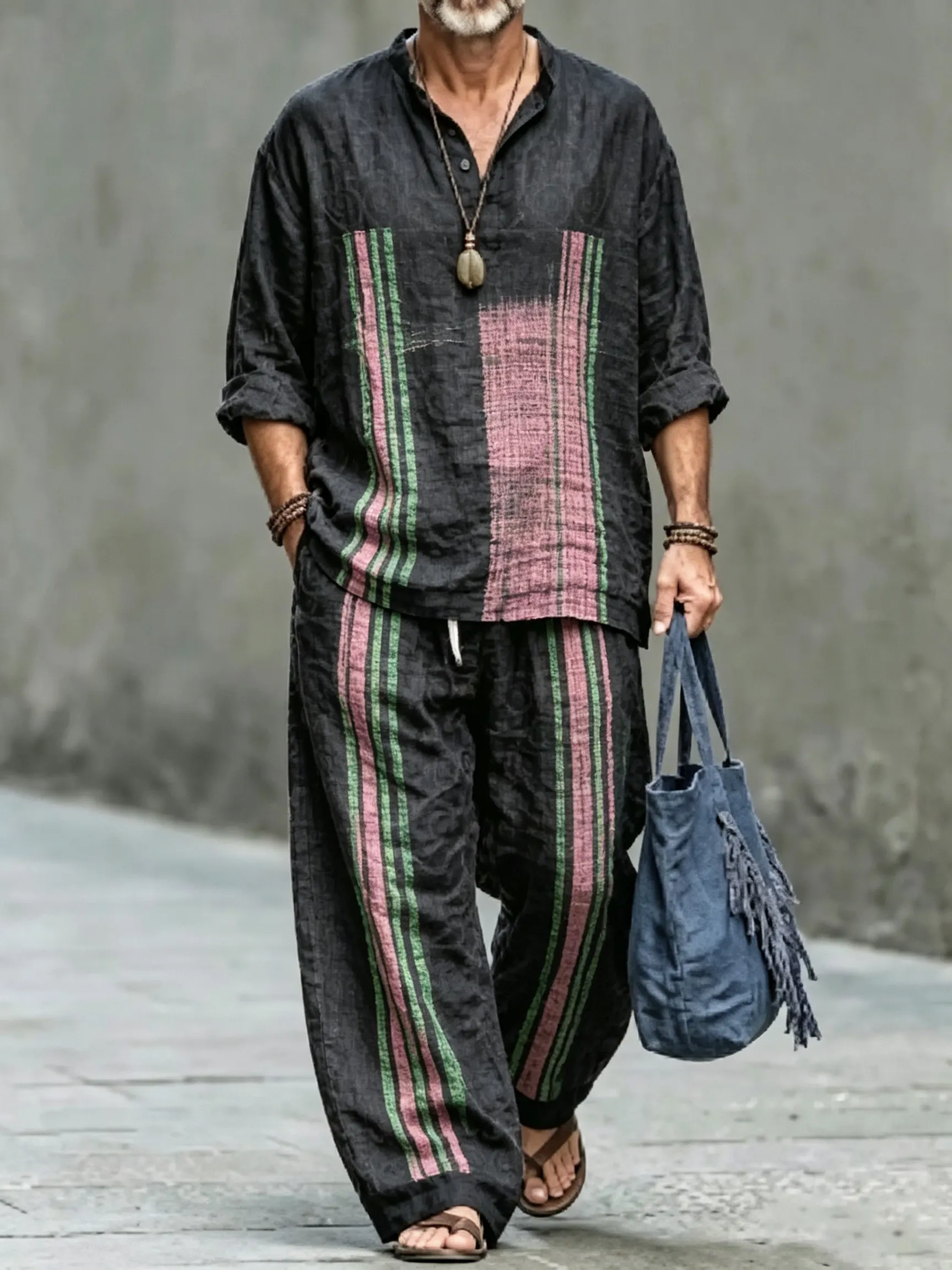 para hombre vintage Abstract Art estampado de algodón camisa Set (Top & pantalón)