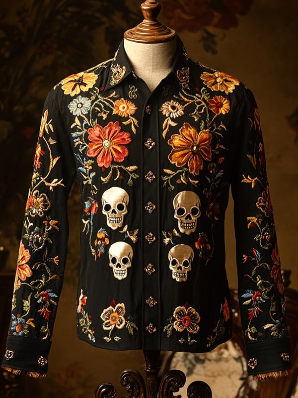 Camisa retro casual Skull estampado de manga larga para hombre