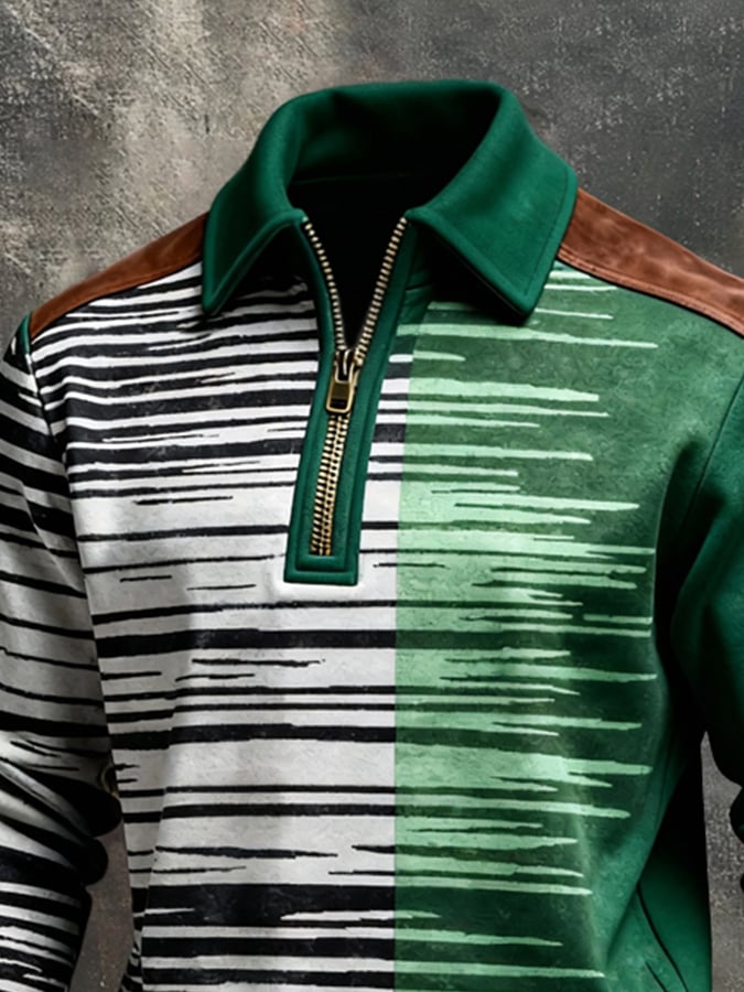 Sudadera retro en bloques de color estampado Color-Blocked con cierre para hombre