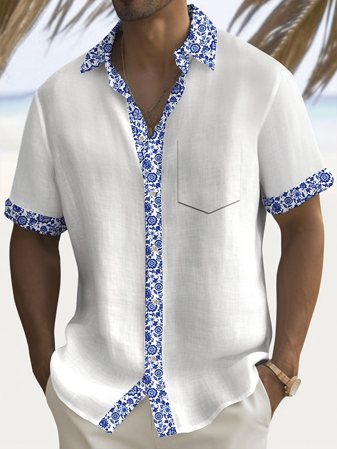 Camisa retro Contrast floral estampado casual (With Pockets) para hombre