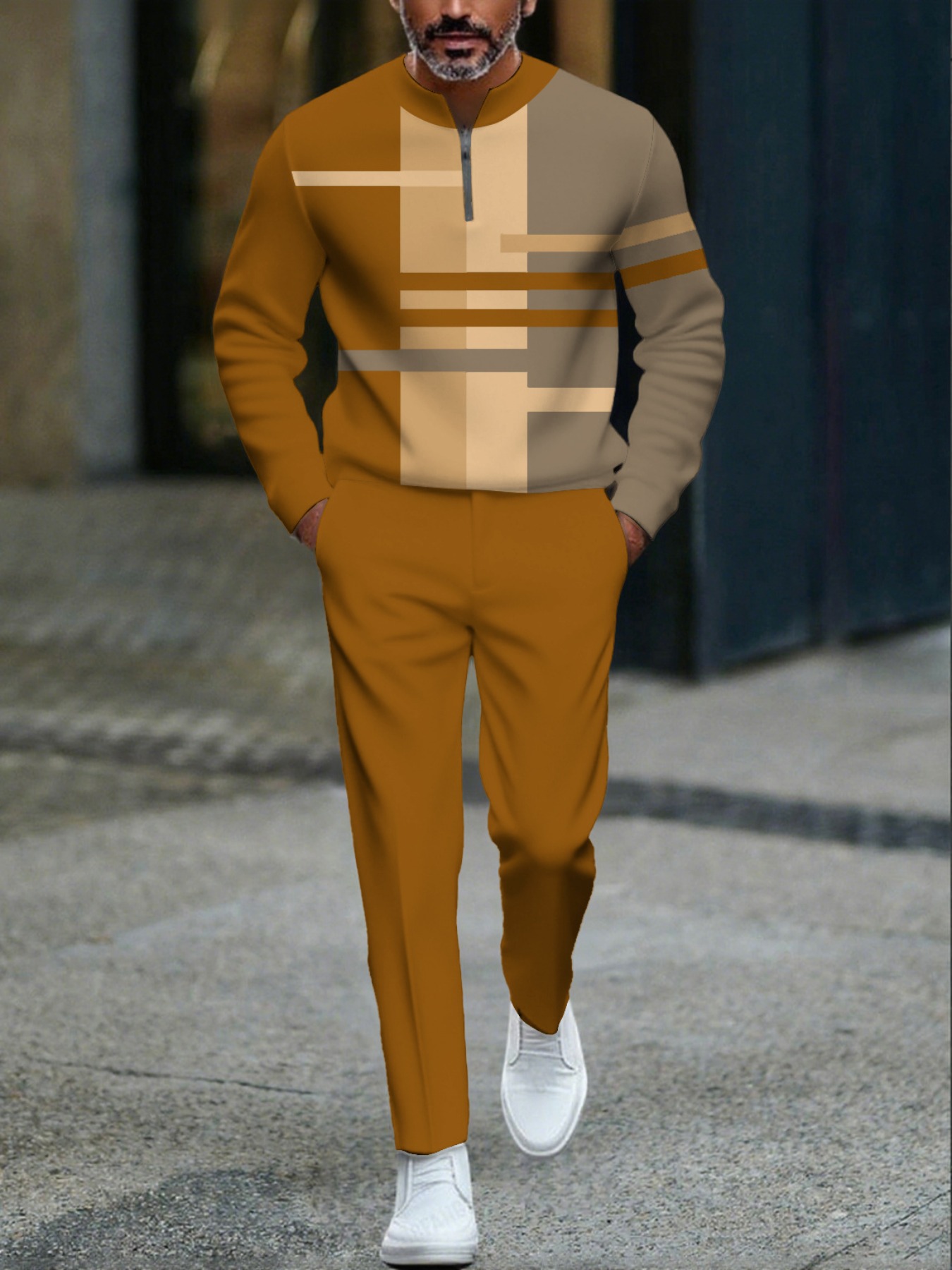 Conjunto de dos piezas casual Ginger Yellow Color Matching geométrico estampado Round-Neck cierre de manga larga Tops & Trousers para hombre