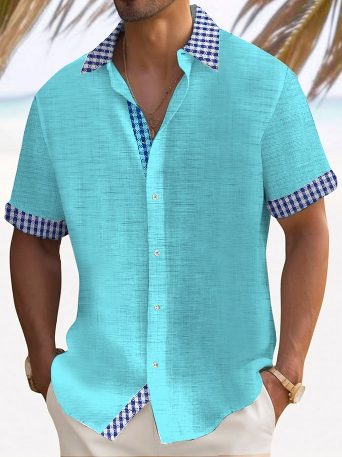 Camisa retro a cuadros Contrast Design casual de manga corta para hombre