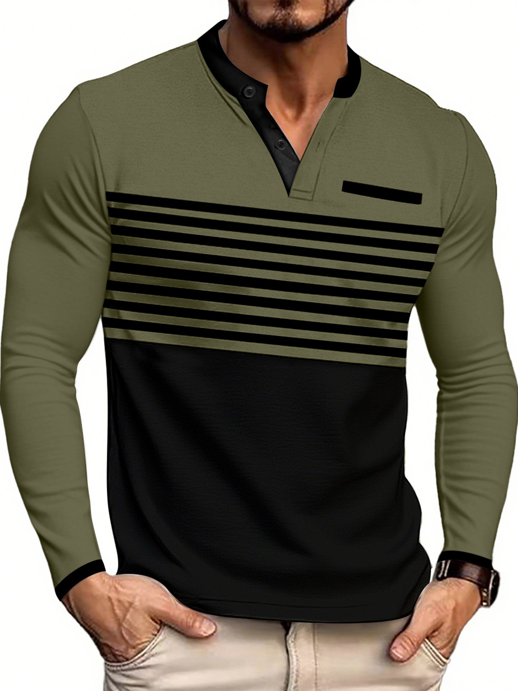 Camiseta casual Color-Block Patchpara trabajo Henley Neck de manga larga para hombre